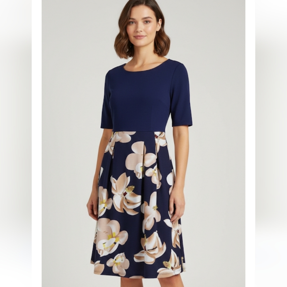 Ouixli S Navy Floral Fit & Flare Pocketed Dress EUC